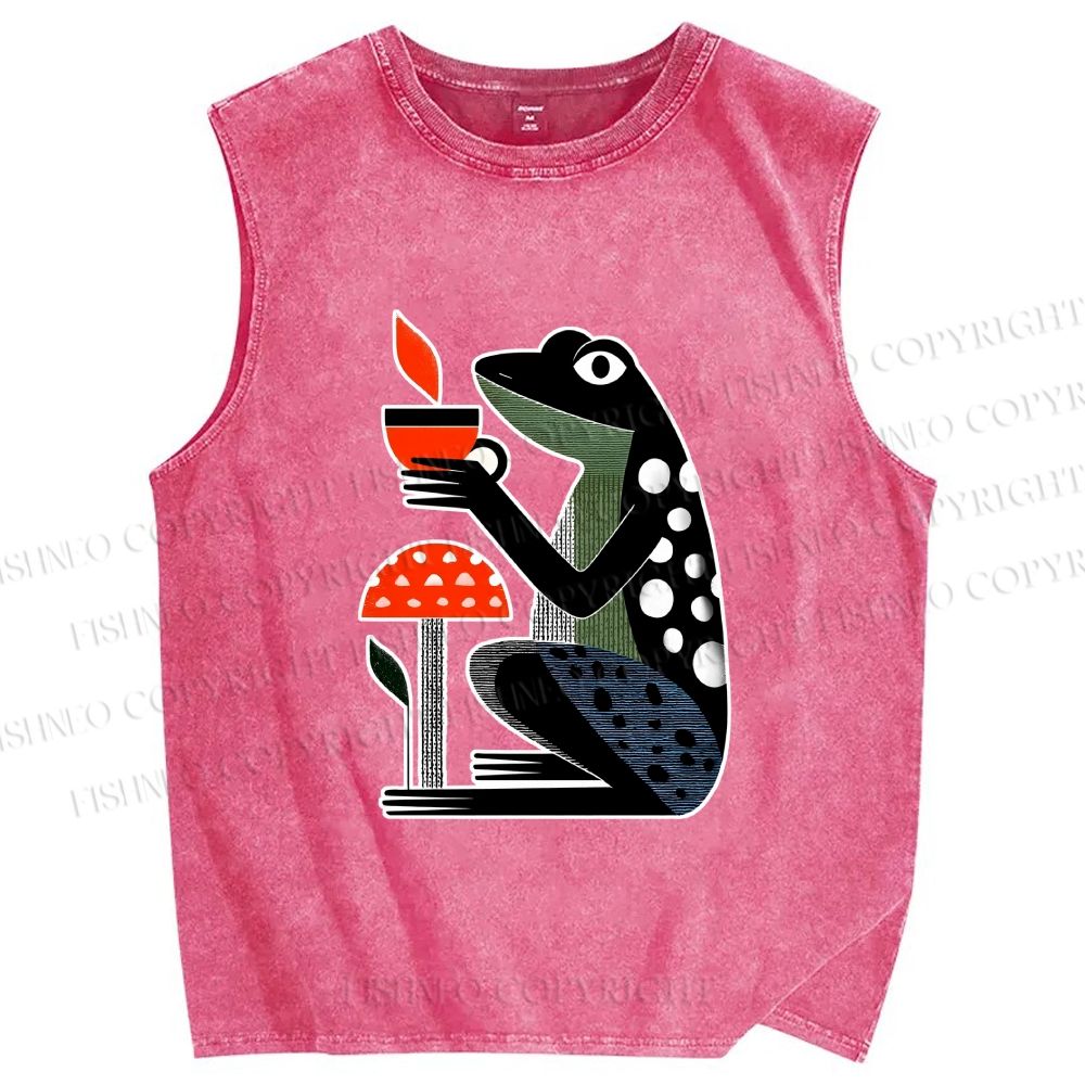 Unisex Geometric Frog Drinking Coffee Printed Washed Tank Top