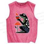 Unisex Geometric Frog Drinking Coffee Printed Washed Tank Top