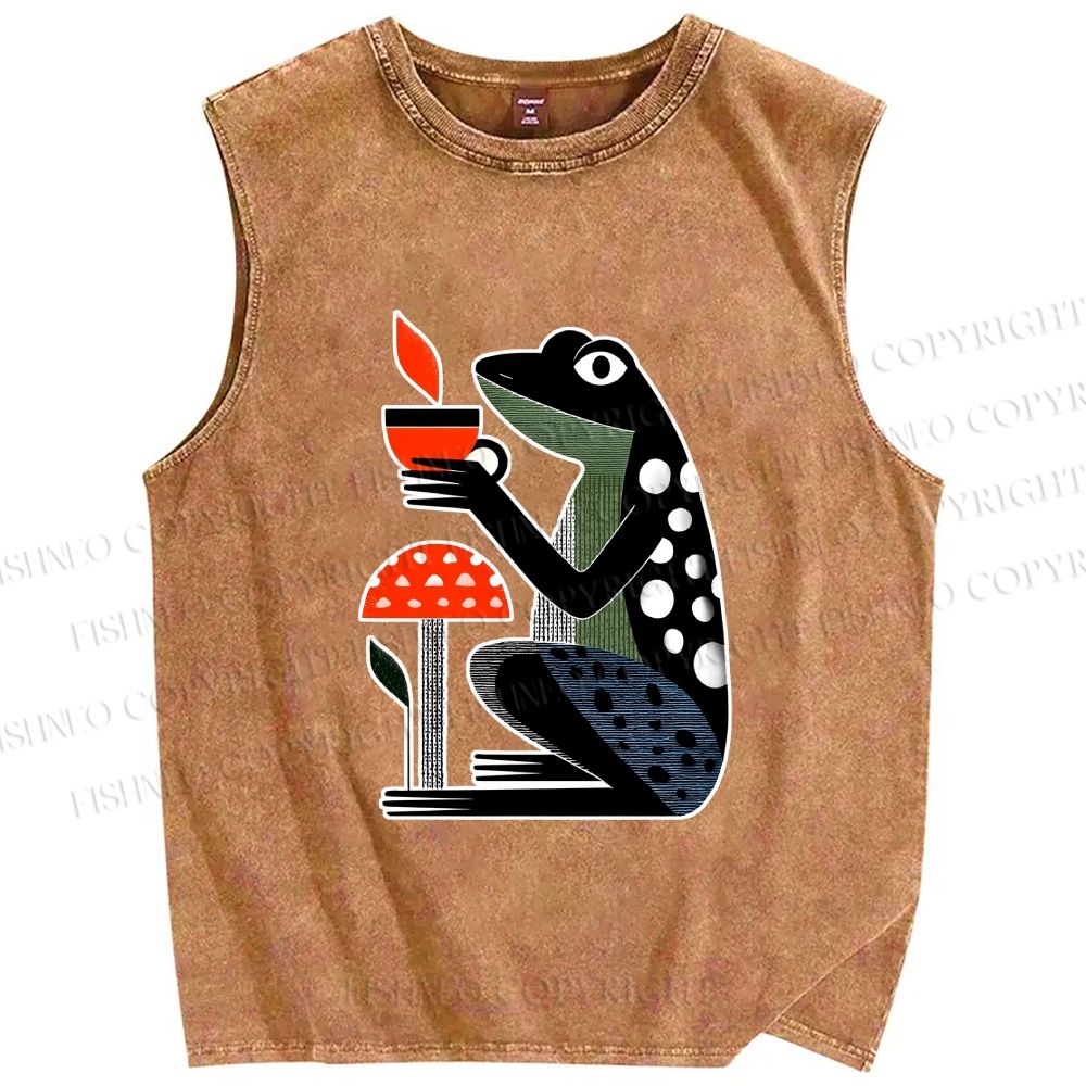 Unisex Geometric Frog Drinking Coffee Printed Washed Tank Top