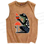 Unisex Geometric Frog Drinking Coffee Printed Washed Tank Top
