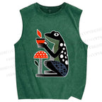 Unisex Geometric Frog Drinking Coffee Printed Washed Tank Top