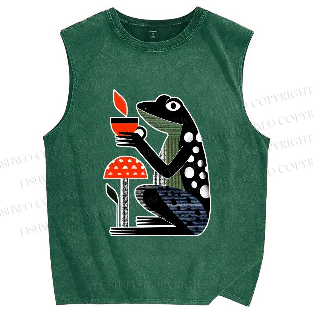 Unisex Geometric Frog Drinking Coffee Printed Washed Tank Top
