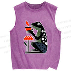 Unisex Geometric Frog Drinking Coffee Printed Washed Tank Top