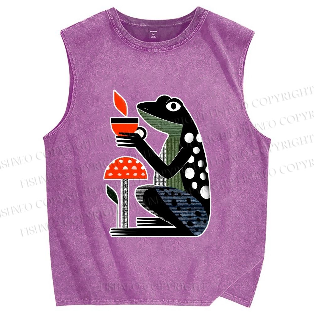 Unisex Geometric Frog Drinking Coffee Printed Washed Tank Top