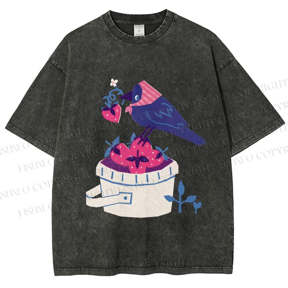 Unisex Geometric Crow Wearing a Headscarf Stealing Berry Printed Washed Tee