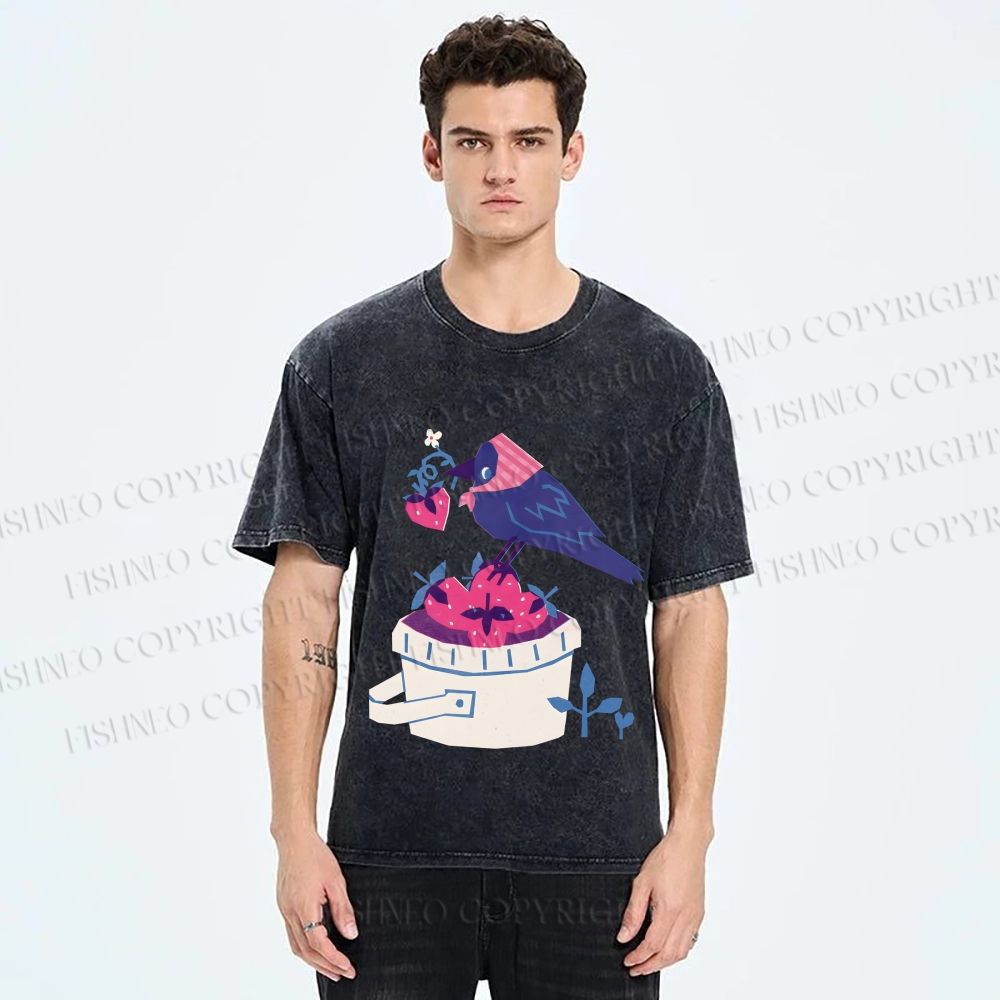 Unisex Geometric Crow Wearing a Headscarf Stealing Berry Printed Washed Tee