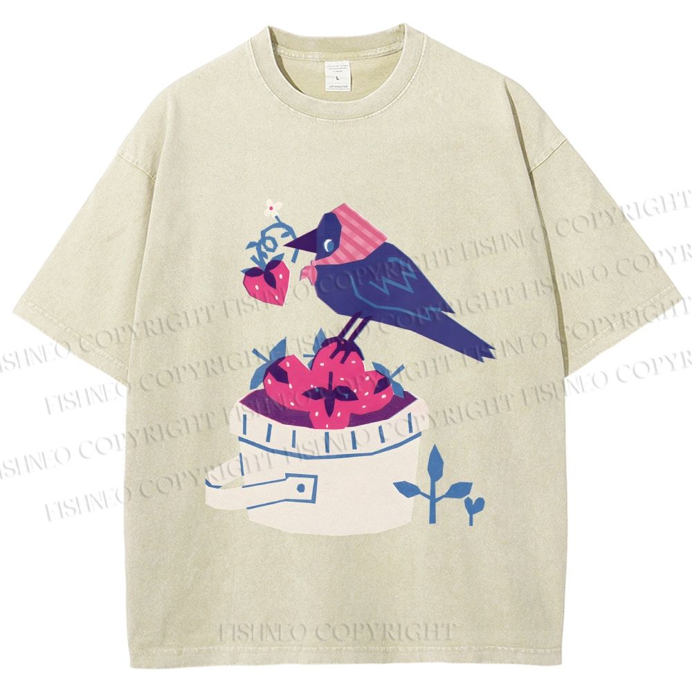 Unisex Geometric Crow Wearing a Headscarf Stealing Berry Printed Washed Tee