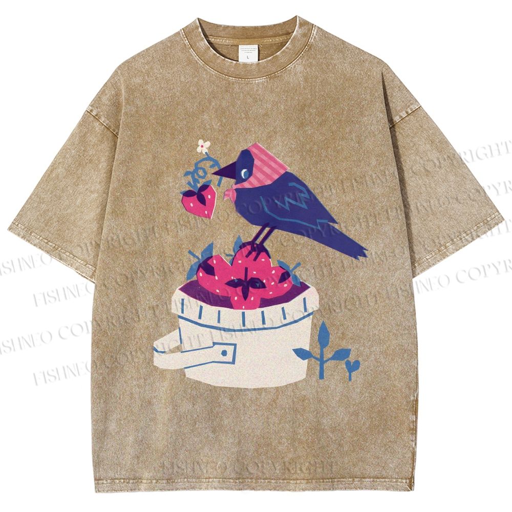 Unisex Geometric Crow Wearing a Headscarf Stealing Berry Printed Washed Tee