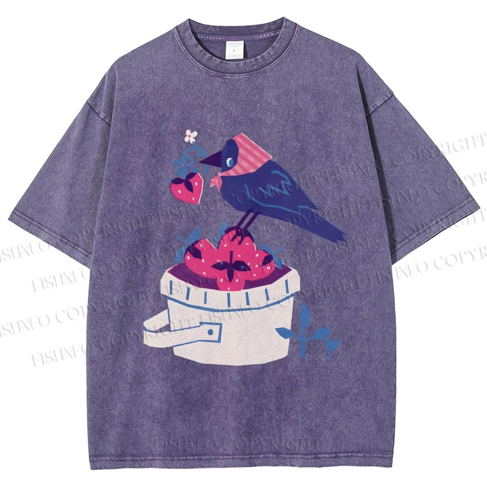Unisex Geometric Crow Wearing a Headscarf Stealing Berry Printed Washed Tee