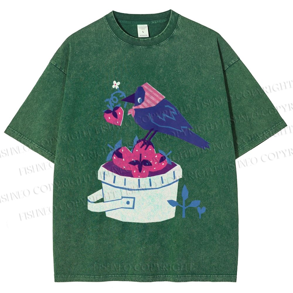 Unisex Geometric Crow Wearing a Headscarf Stealing Berry Printed Washed Tee