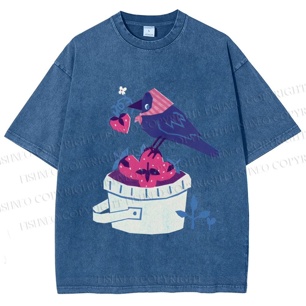 Unisex Geometric Crow Wearing a Headscarf Stealing Berry Printed Washed Tee