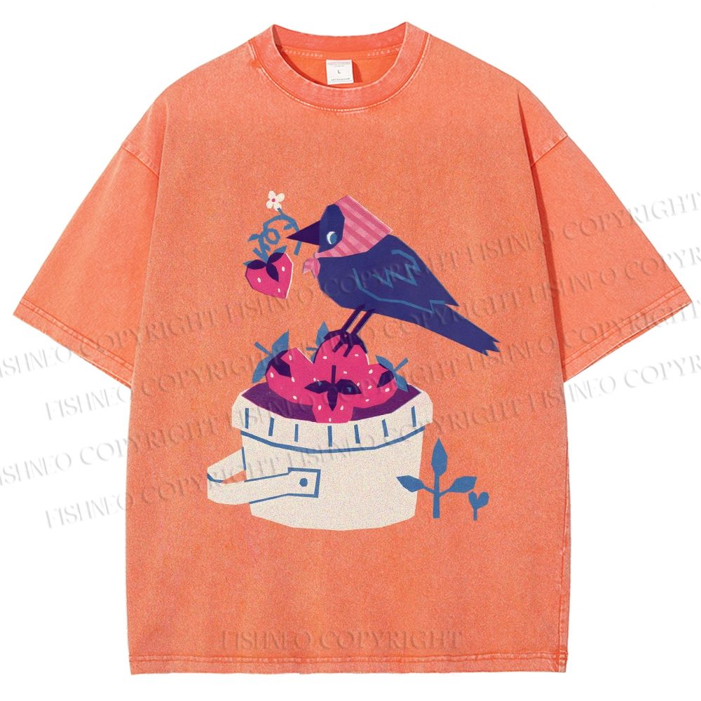 Unisex Geometric Crow Wearing a Headscarf Stealing Berry Printed Washed Tee