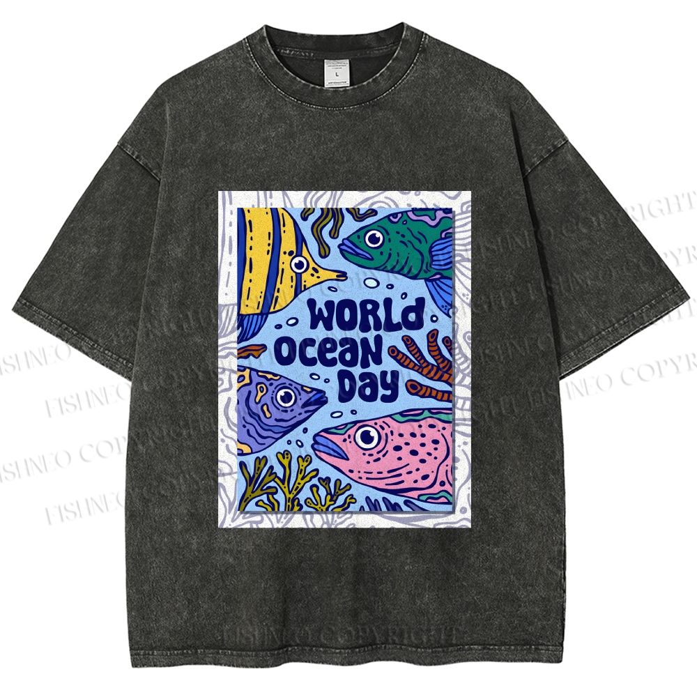 Unisex Fish in World Ocean Day Printed Washed Tee
