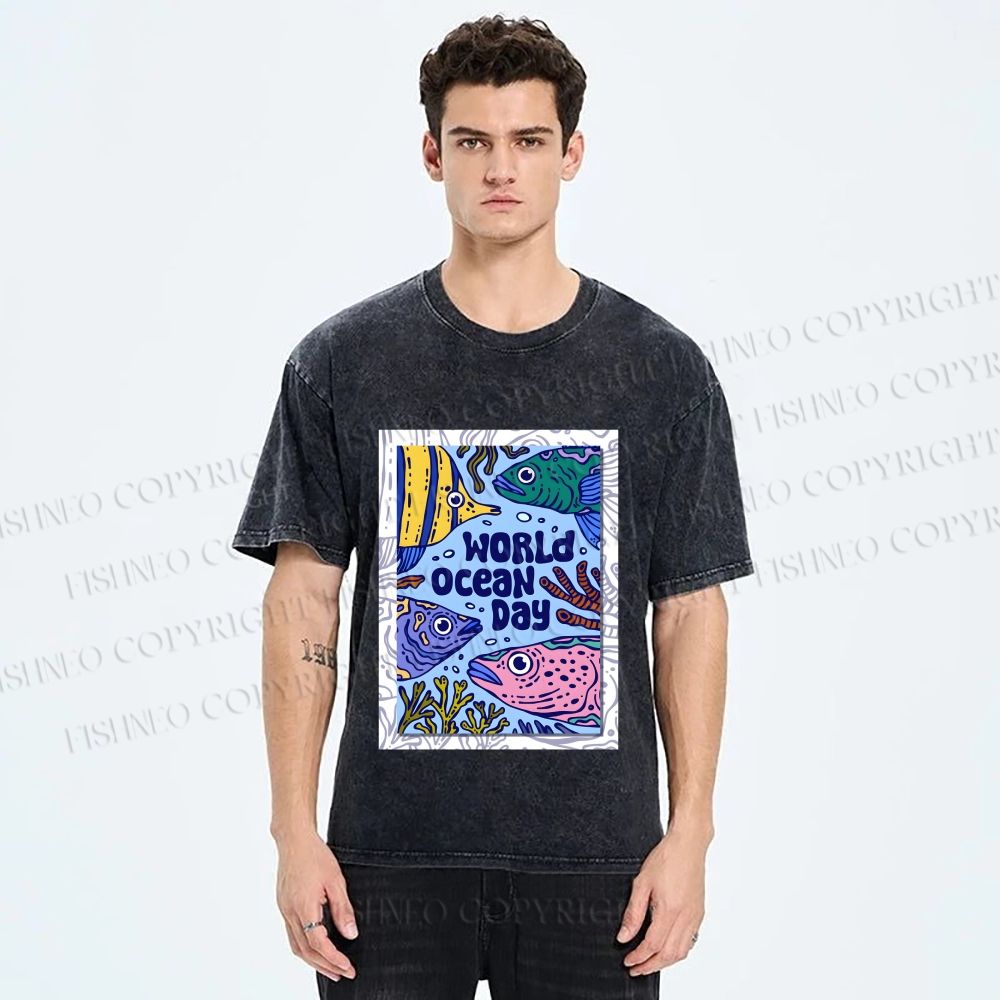Unisex Fish in World Ocean Day Printed Washed Tee