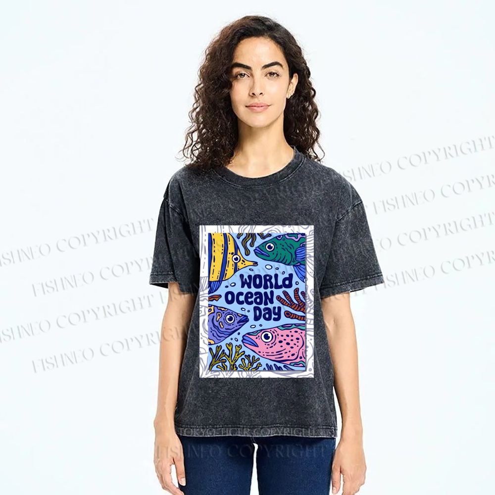 Unisex Fish in World Ocean Day Printed Washed Tee