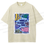 Unisex Fish in World Ocean Day Printed Washed Tee