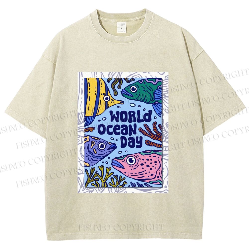 Unisex Fish in World Ocean Day Printed Washed Tee