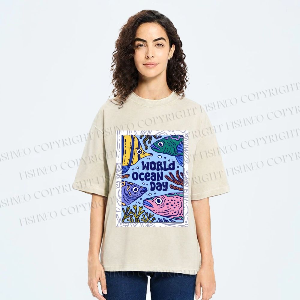 Unisex Fish in World Ocean Day Printed Washed Tee