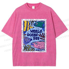 Unisex Fish in World Ocean Day Printed Washed Tee