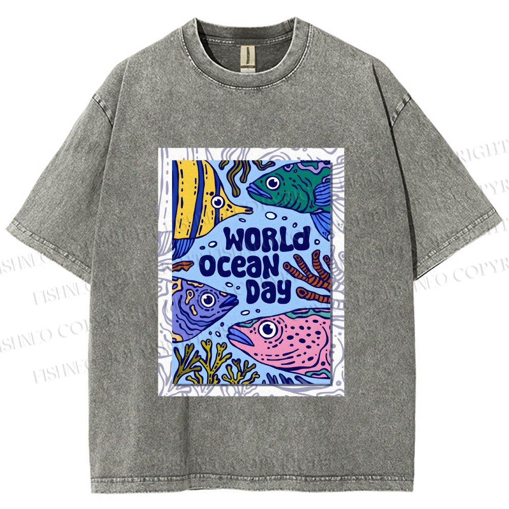 Unisex Fish in World Ocean Day Printed Washed Tee