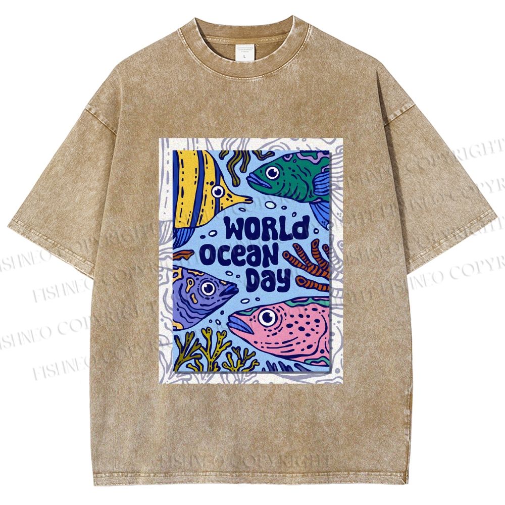 Unisex Fish in World Ocean Day Printed Washed Tee