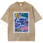 Unisex Fish in World Ocean Day Printed Washed Tee