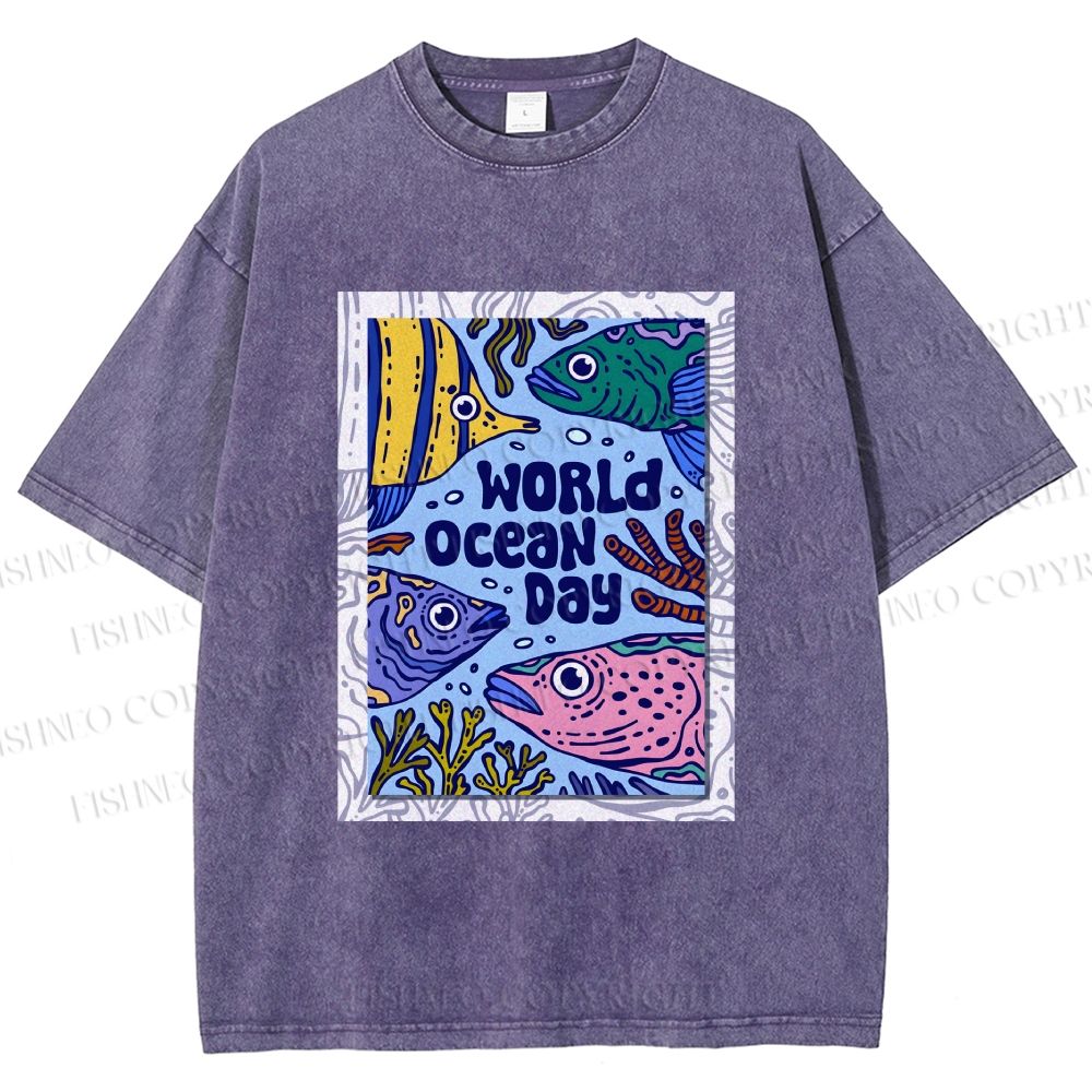 Unisex Fish in World Ocean Day Printed Washed Tee