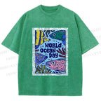 Unisex Fish in World Ocean Day Printed Washed Tee