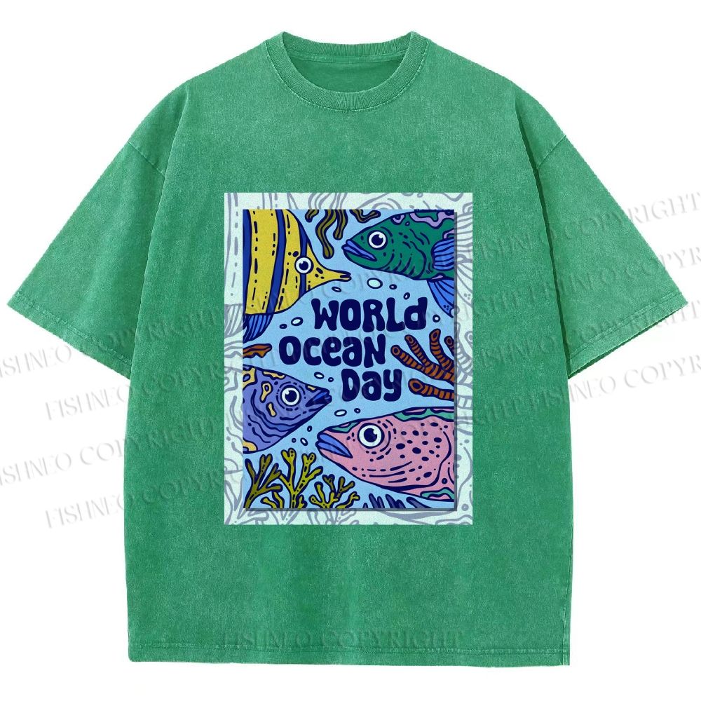 Unisex Fish in World Ocean Day Printed Washed Tee