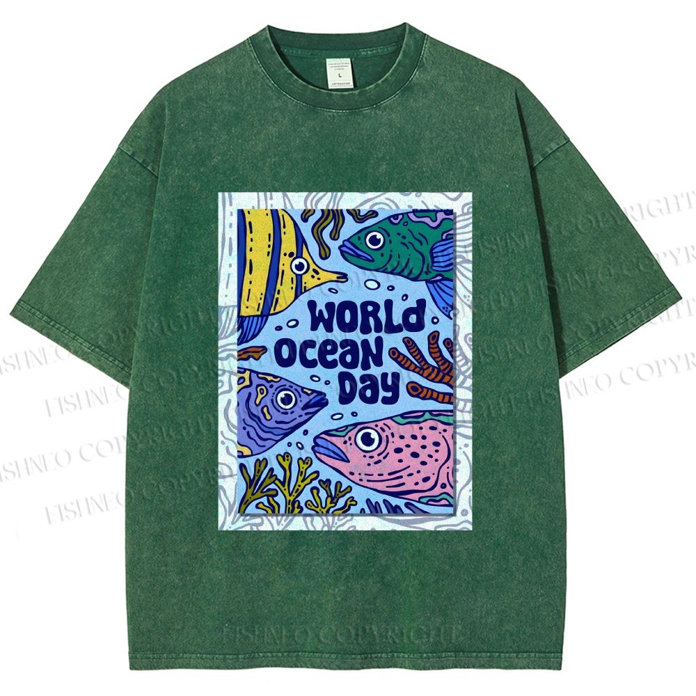 Unisex Fish in World Ocean Day Printed Washed Tee