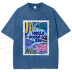 Unisex Fish in World Ocean Day Printed Washed Tee