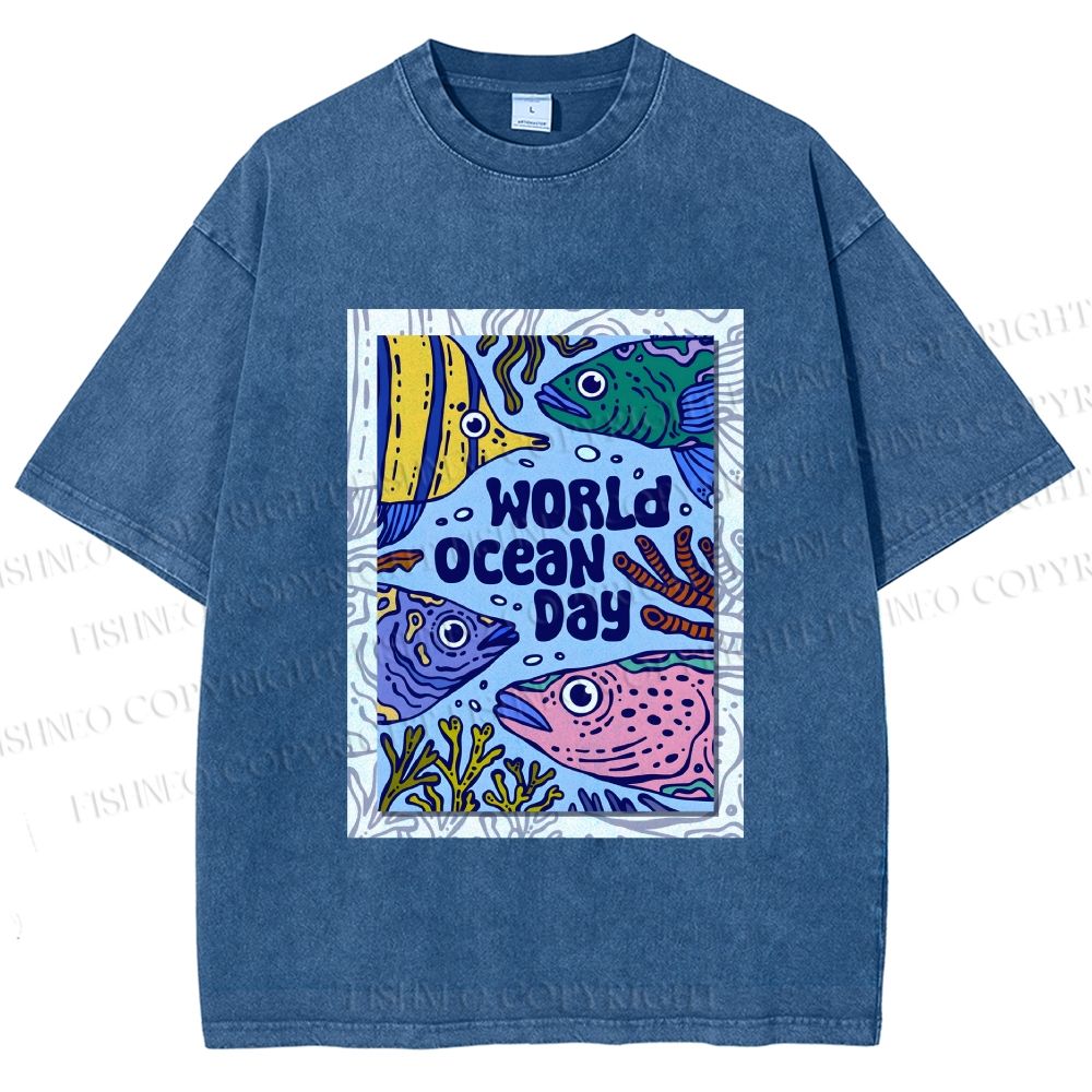 Unisex Fish in World Ocean Day Printed Washed Tee