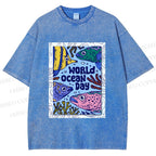 Unisex Fish in World Ocean Day Printed Washed Tee