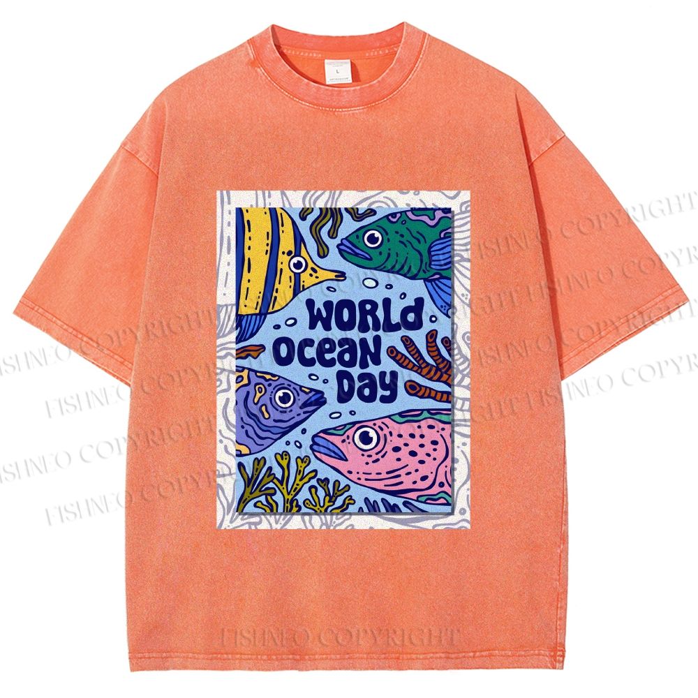 Unisex Fish in World Ocean Day Printed Washed Tee