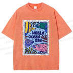 Unisex Fish in World Ocean Day Printed Washed Tee