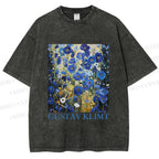 Unisex Klimt Blue Flowers Printed Washed Tee