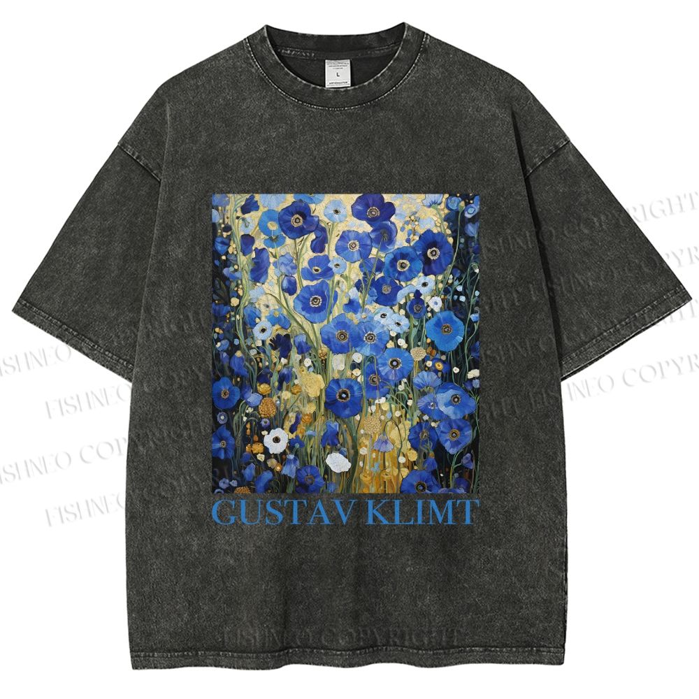 Unisex Klimt Blue Flowers Printed Washed Tee