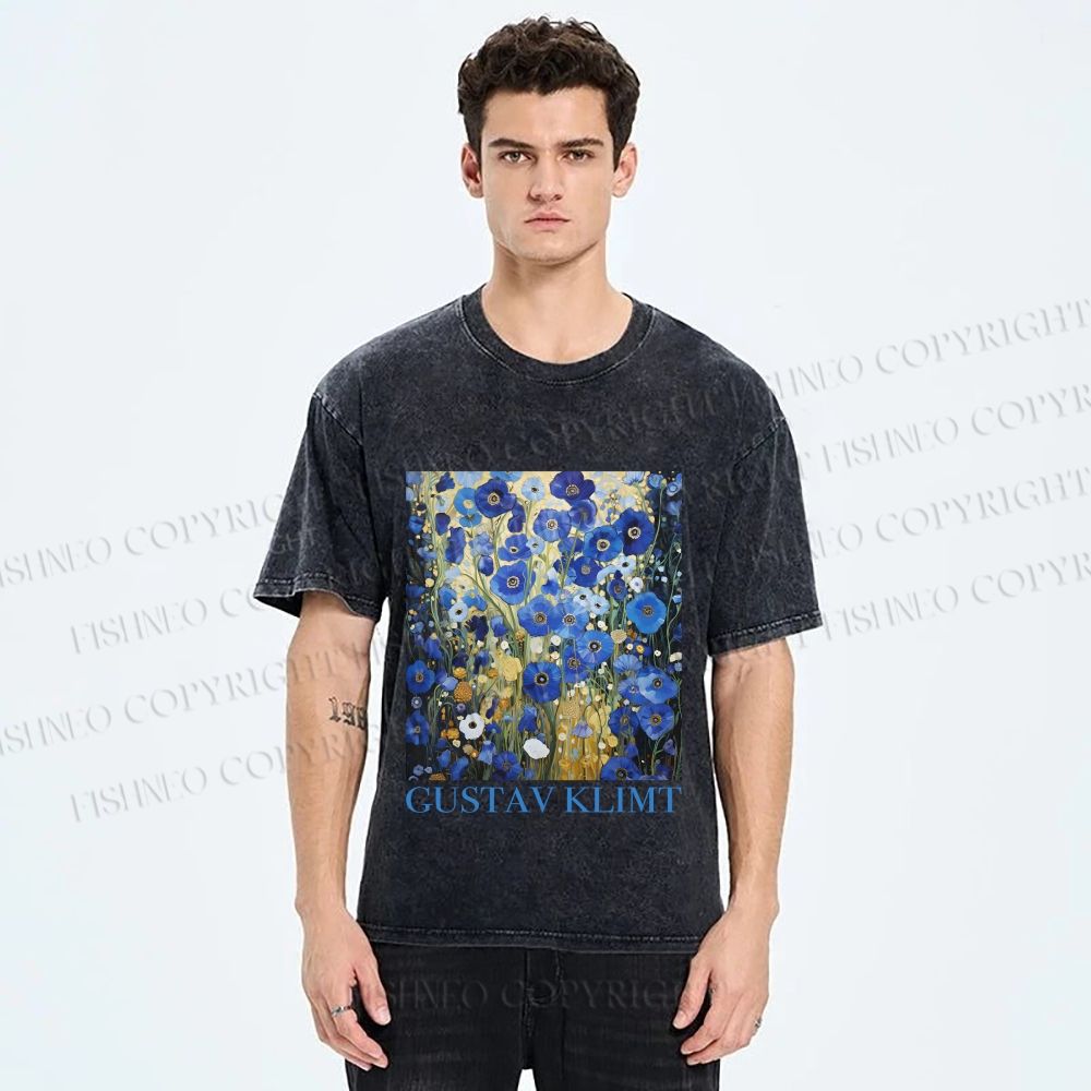 Unisex Klimt Blue Flowers Printed Washed Tee
