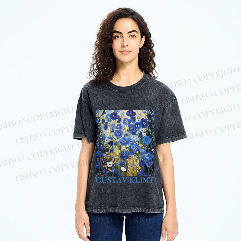 Unisex Klimt Blue Flowers Printed Washed Tee