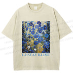 Unisex Klimt Blue Flowers Printed Washed Tee