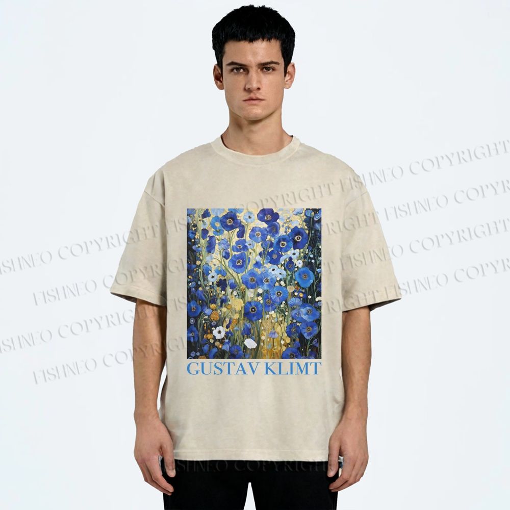 Unisex Klimt Blue Flowers Printed Washed Tee