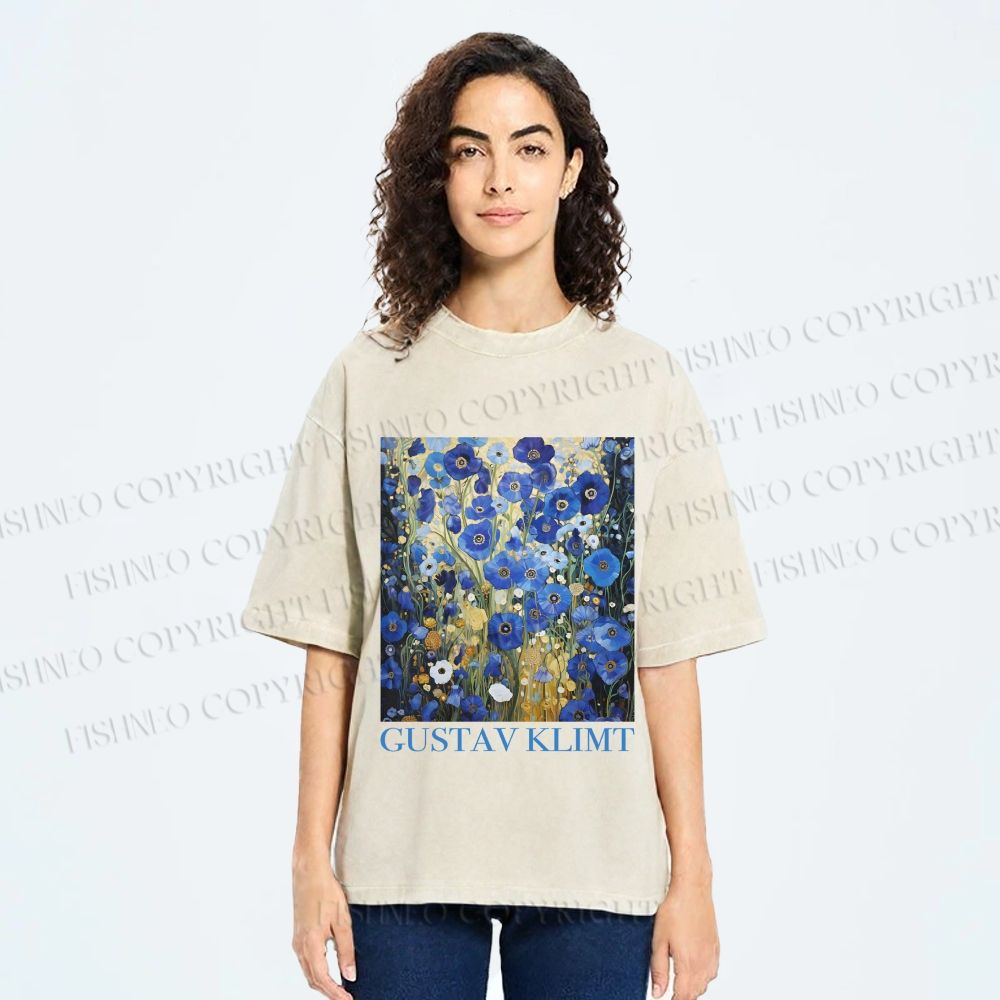 Unisex Klimt Blue Flowers Printed Washed Tee