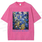 Unisex Klimt Blue Flowers Printed Washed Tee