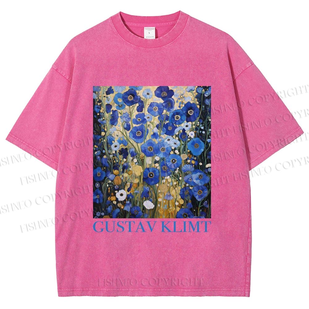 Unisex Klimt Blue Flowers Printed Washed Tee