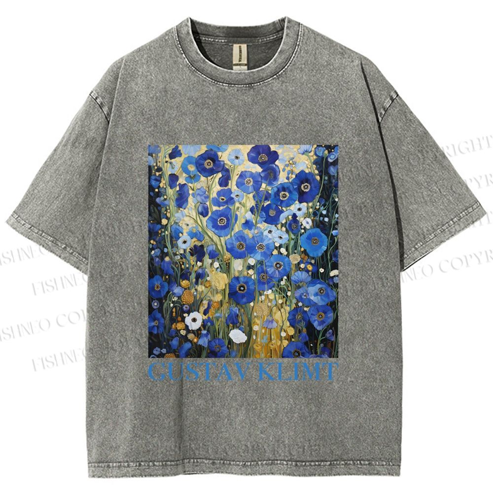 Unisex Klimt Blue Flowers Printed Washed Tee