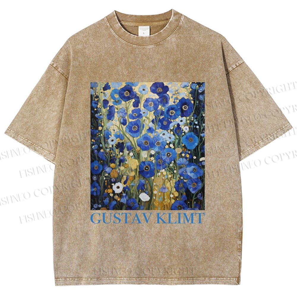 Unisex Klimt Blue Flowers Printed Washed Tee