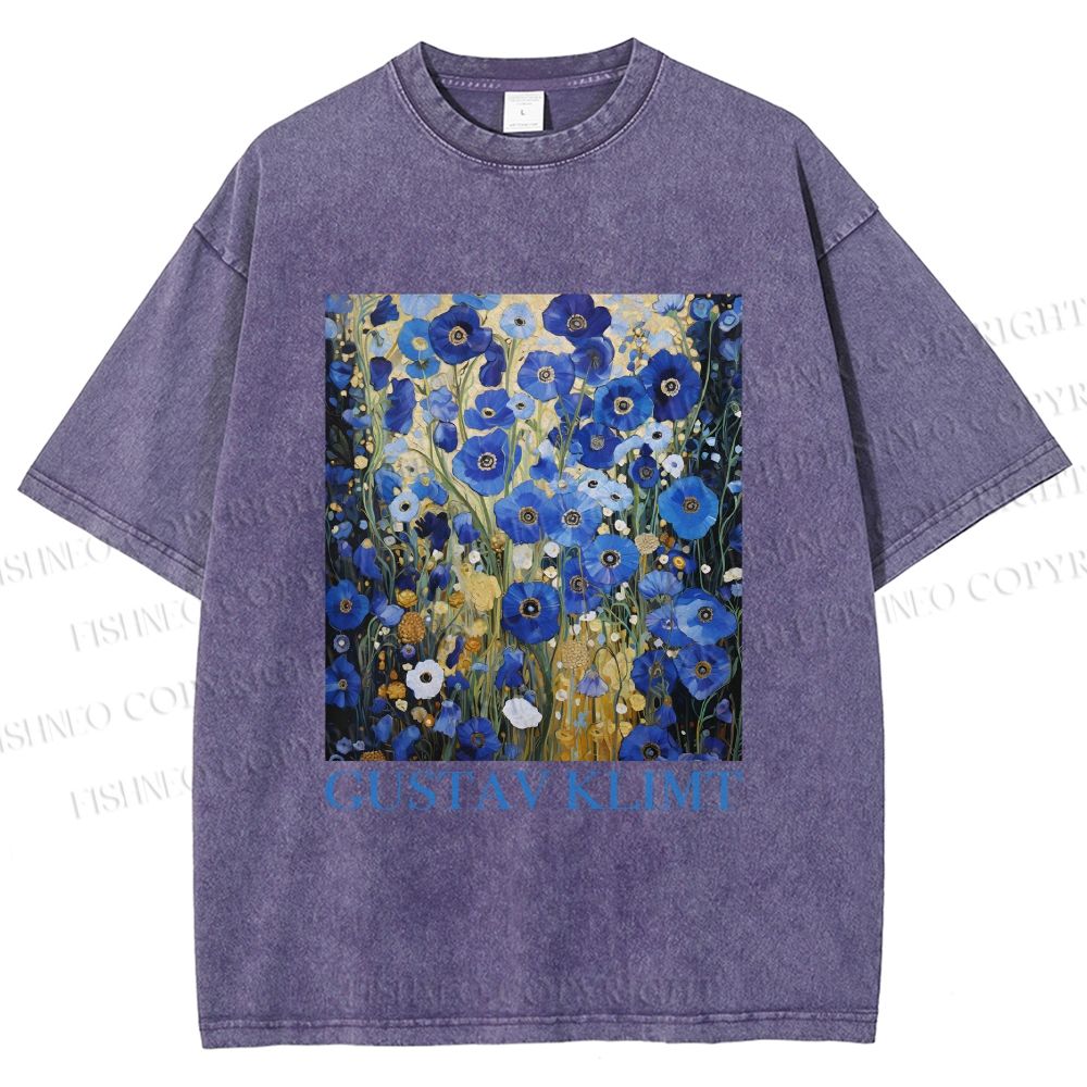 Unisex Klimt Blue Flowers Printed Washed Tee