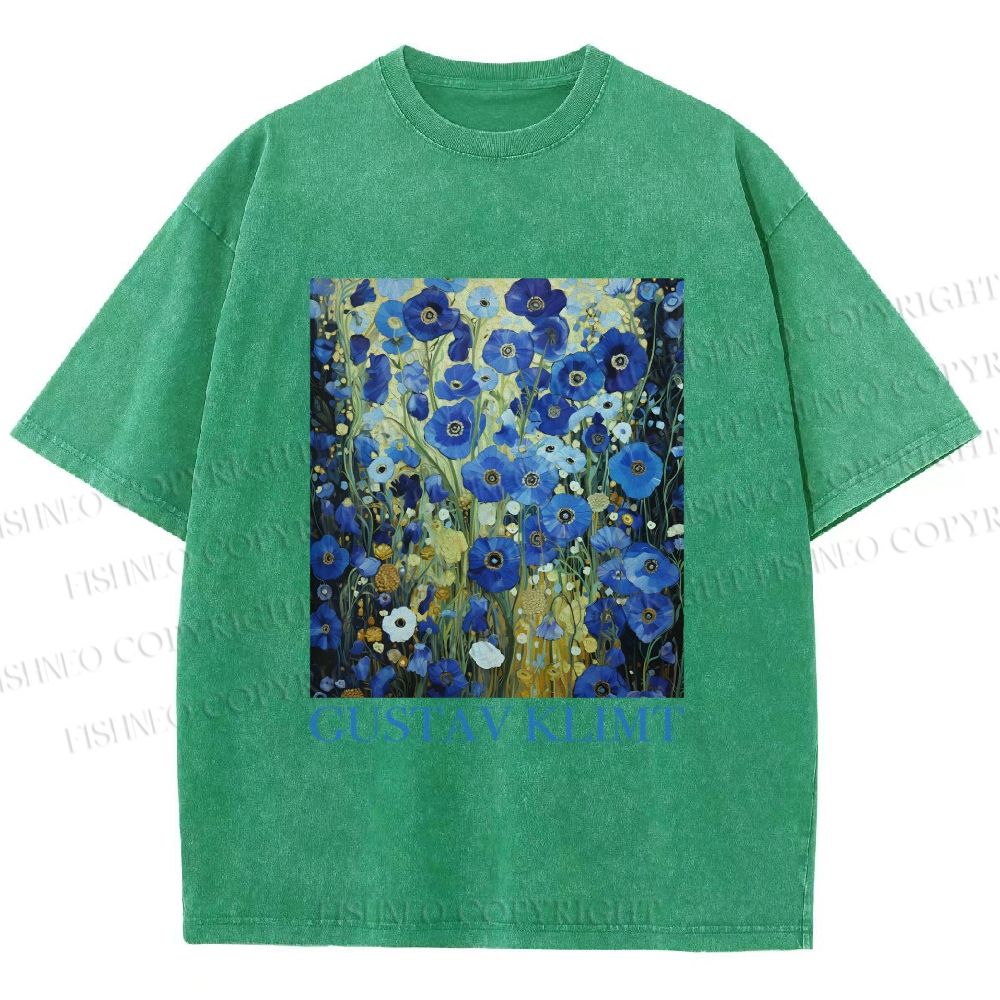 Unisex Klimt Blue Flowers Printed Washed Tee