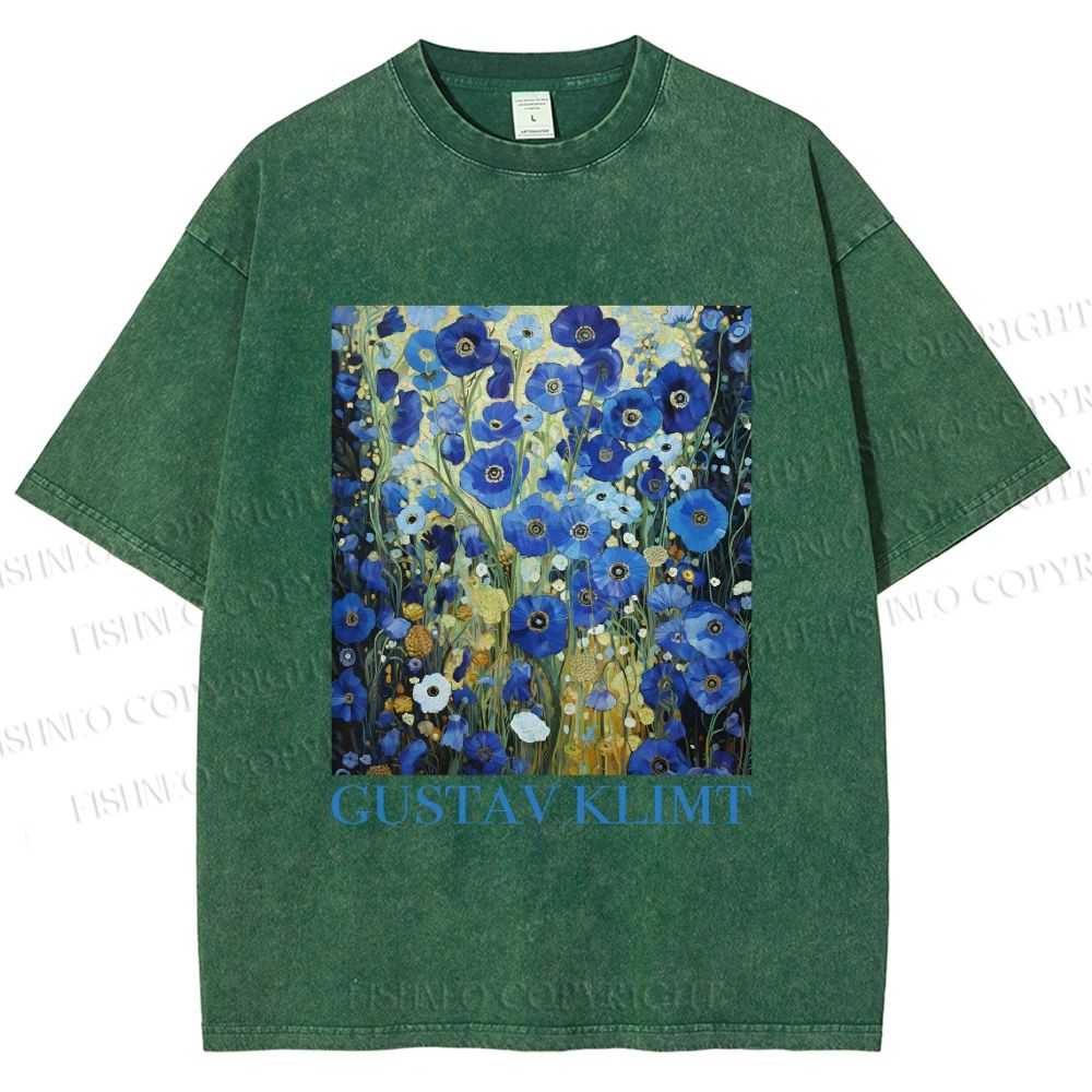Unisex Klimt Blue Flowers Printed Washed Tee