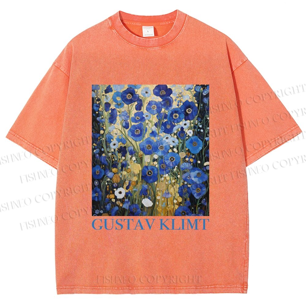 Unisex Klimt Blue Flowers Printed Washed Tee